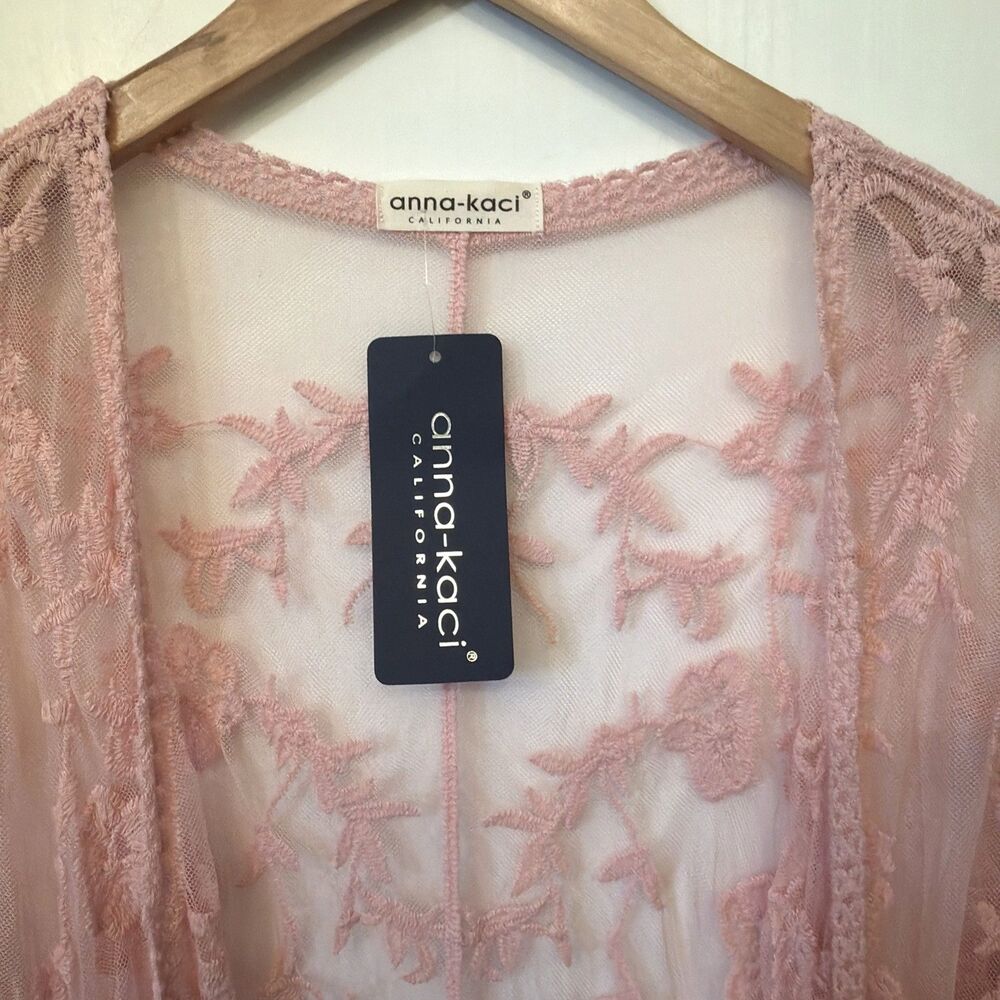 NWT Anna-Kaci Lace Sheer Kimono Cardigan Embroidered Floral Duster Boho Coquette - Picture 6 of 13